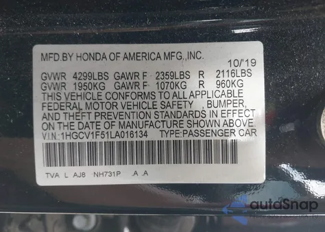 2020 Honda Accord Ex-L из США, поврежденный, VIN 1HGCV1F51LA016134